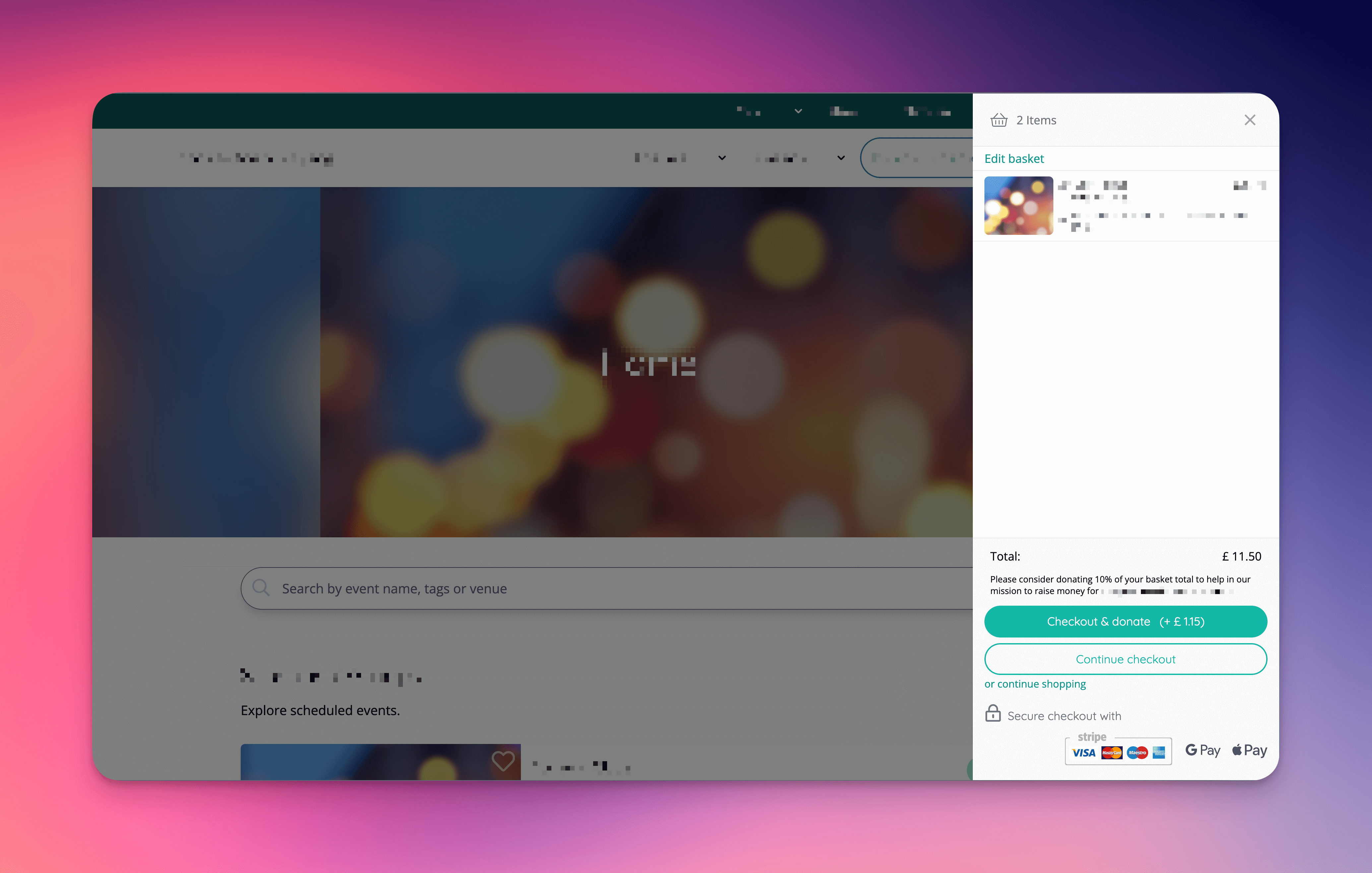 The basket panel suggesting a 10% one-click donation.