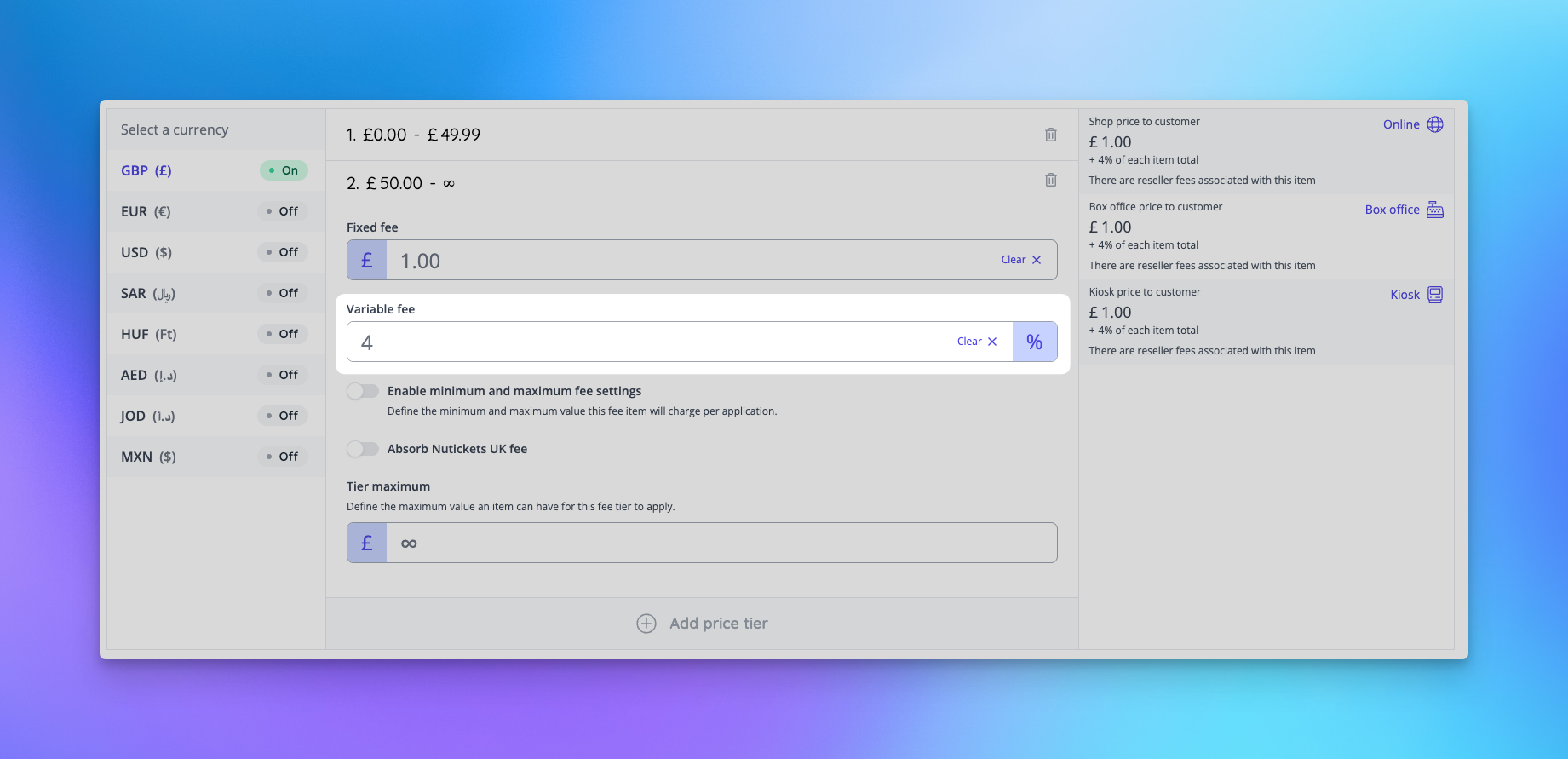 Variable fee setup for fee sale items