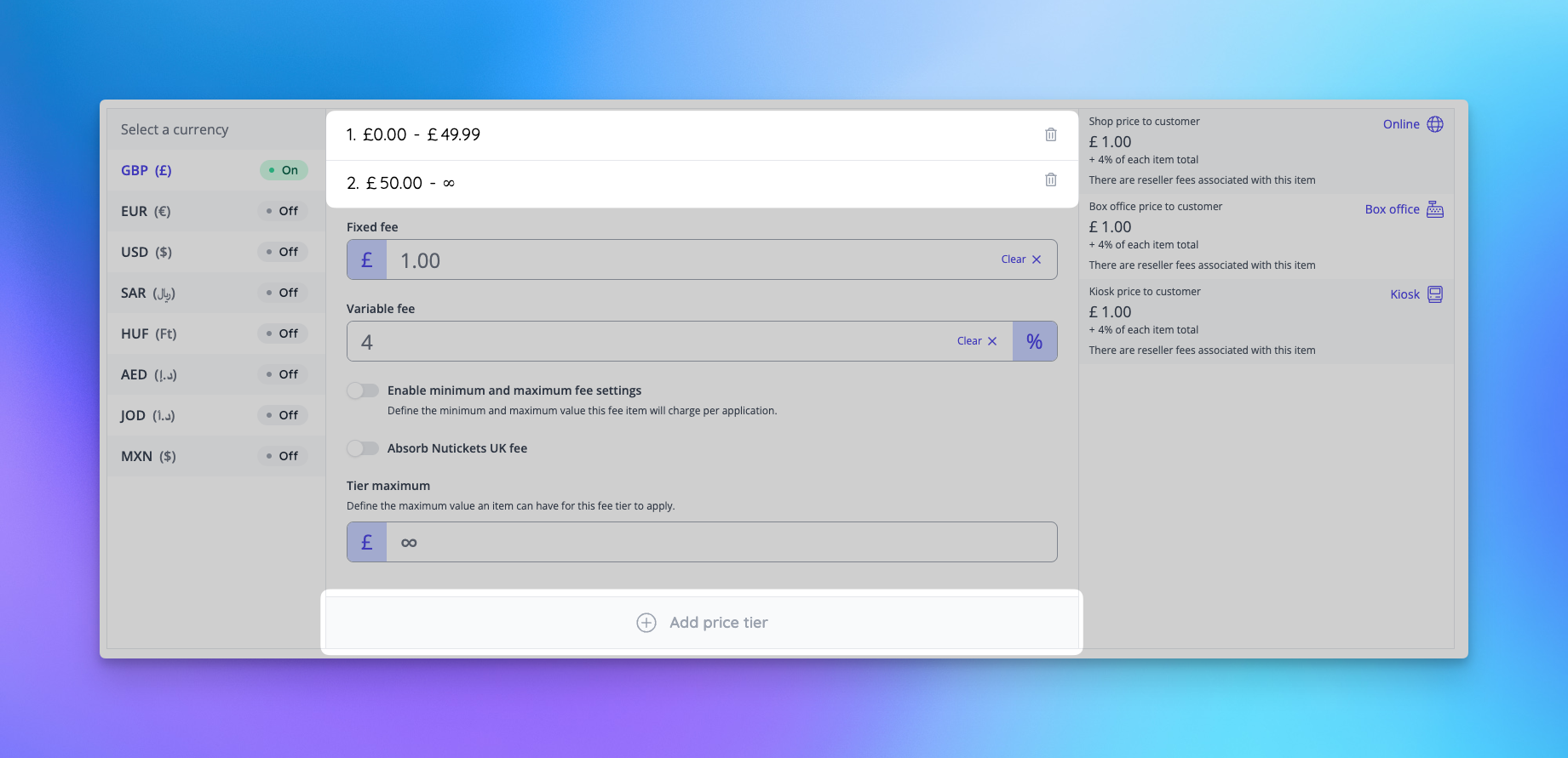 Pricing tiers for fee sale items