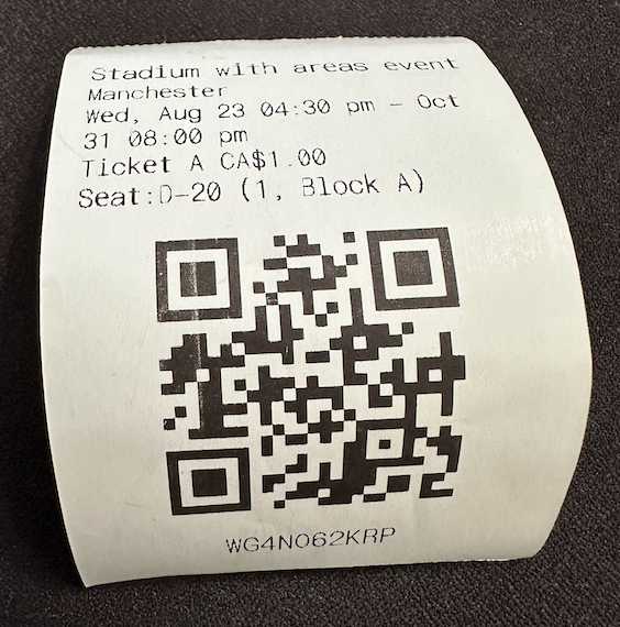 Example of printed ticket for guest