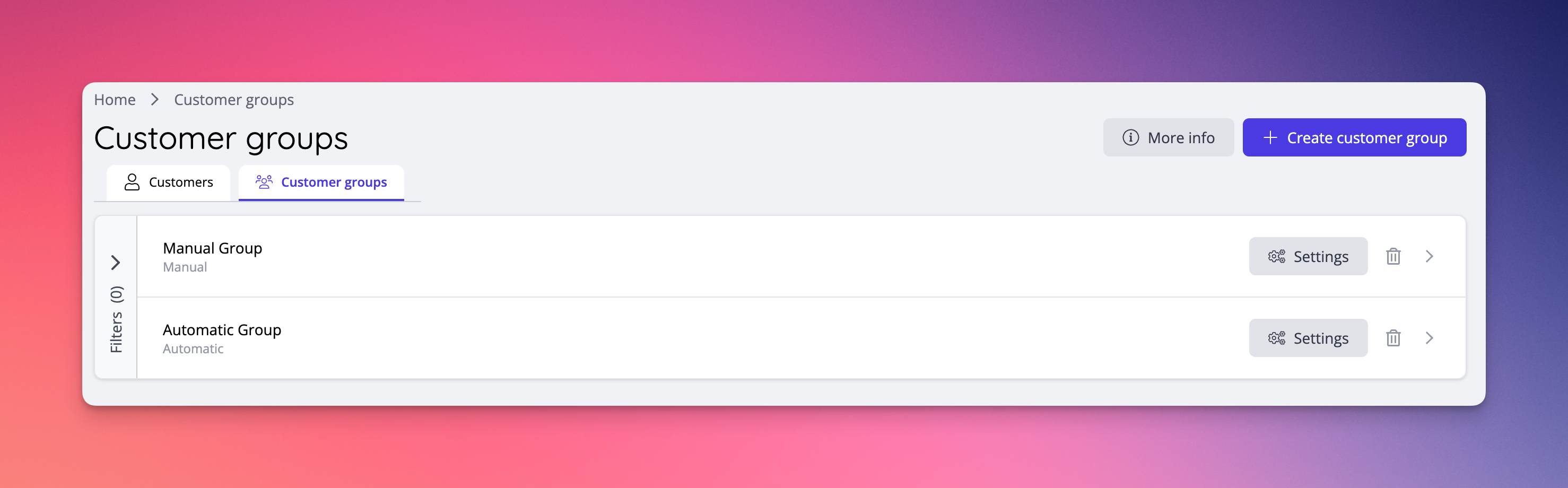 Customer groups list view