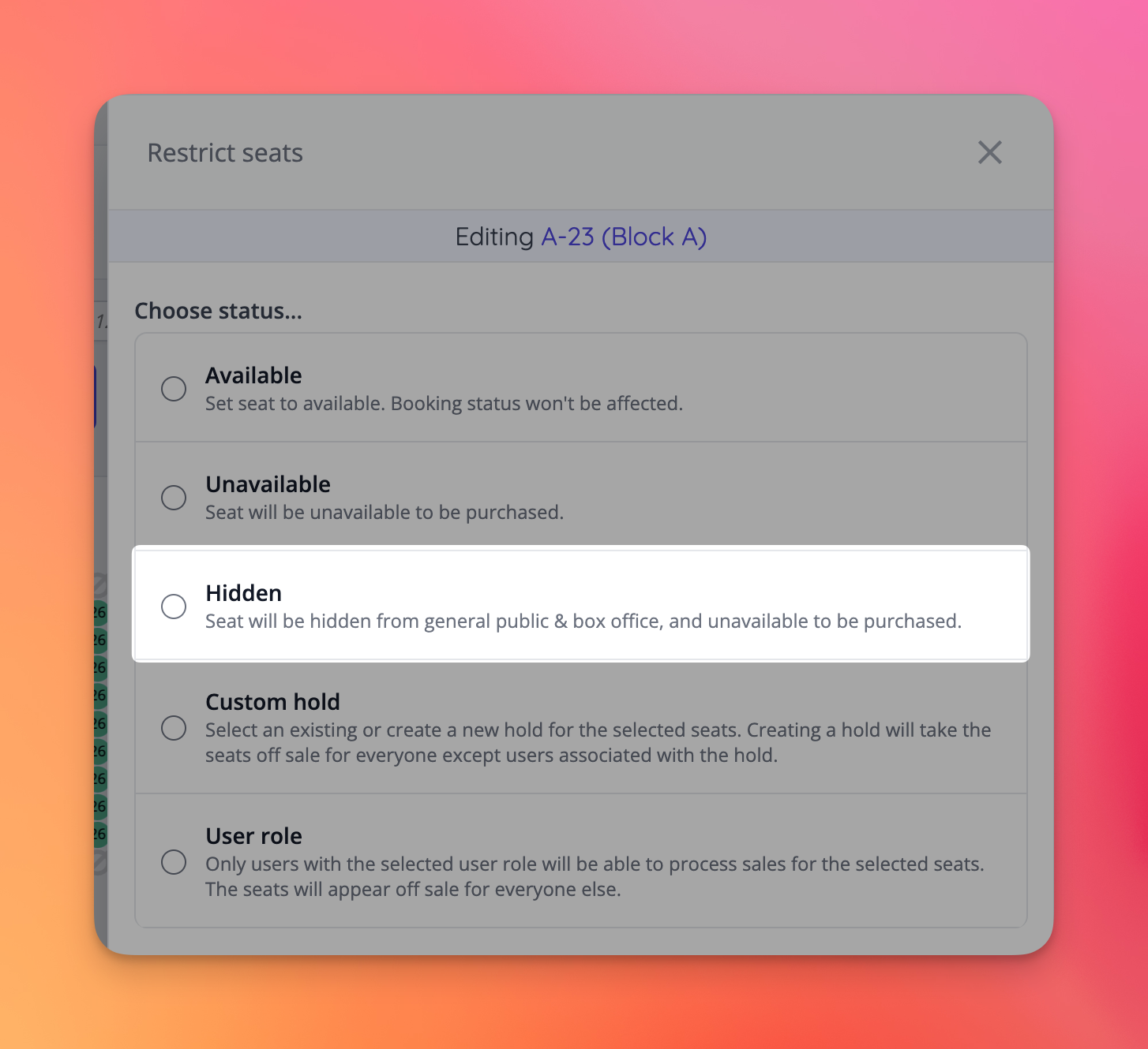 Seats can now be hidden directly from the event seating plan dashboard