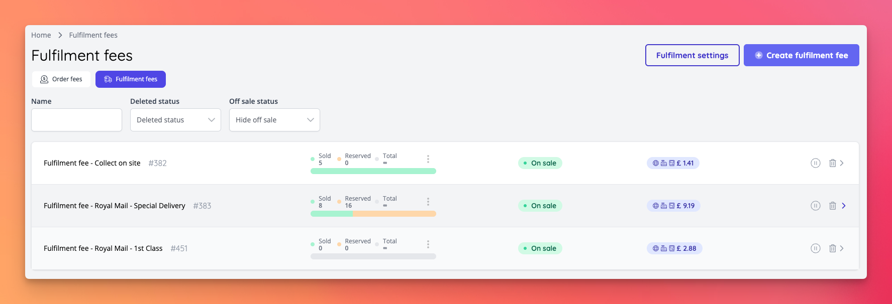 Fulfilment fees index page.