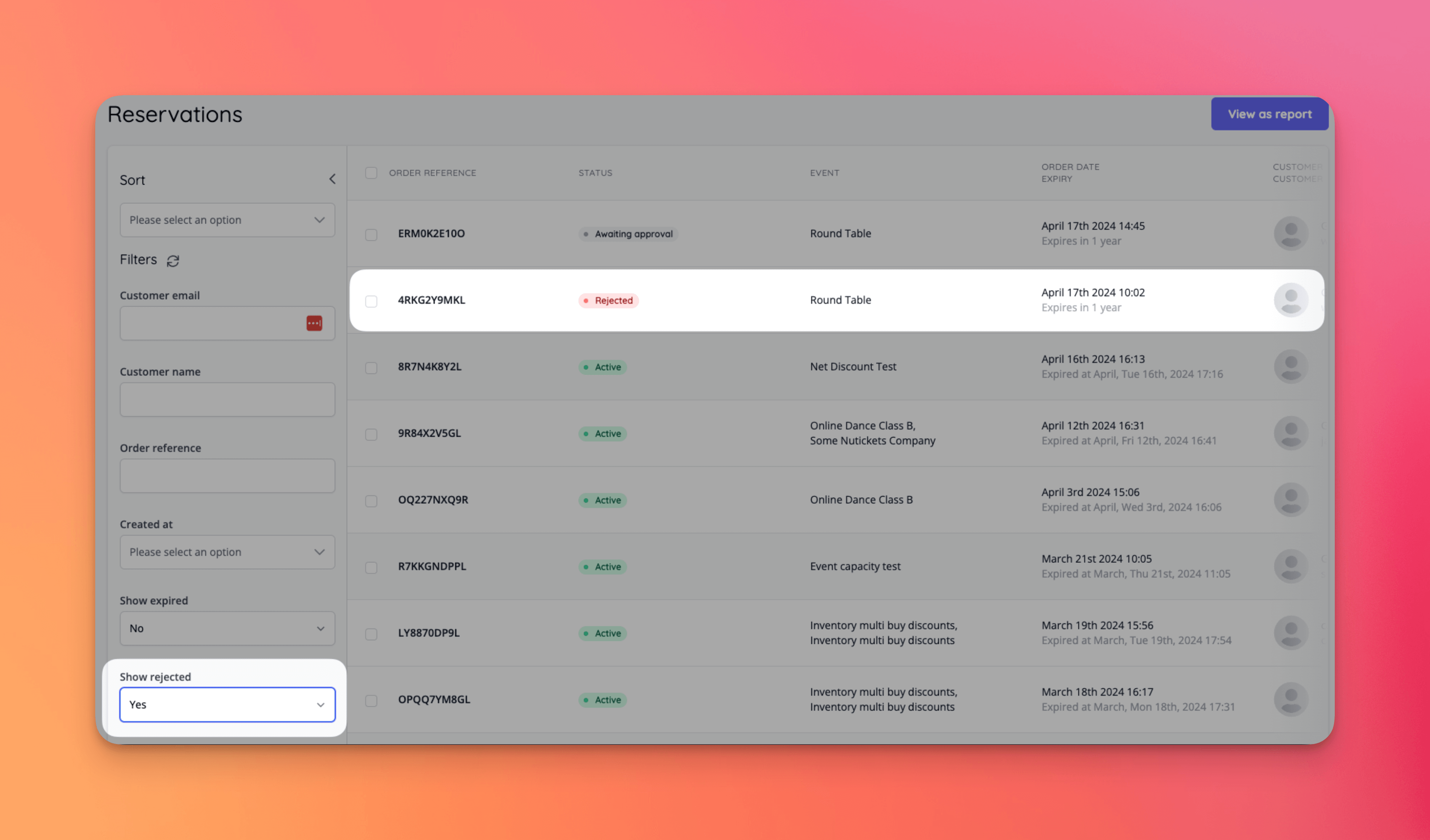 Rejected reservation filter