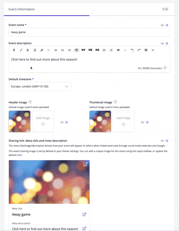 Link modal offering new internal search for pages, events and articles