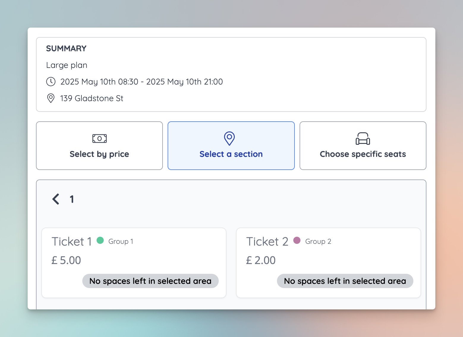 Ticket availability indicators now shown when selecting tickets by area
