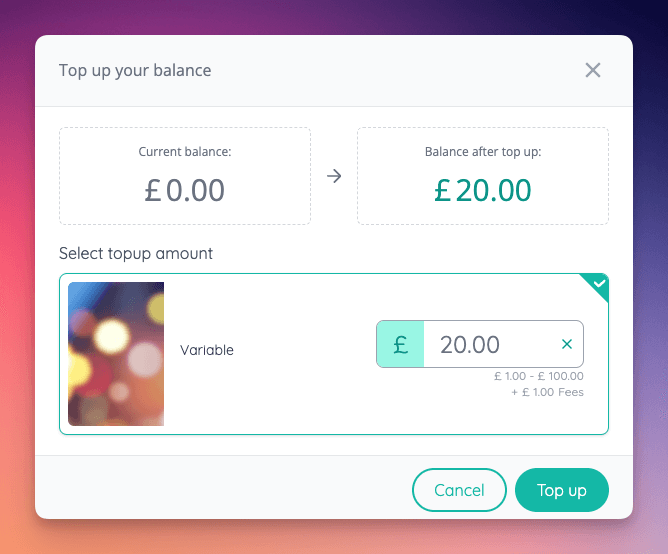 Processing fees passed to the customer will be displayed when adding a topup.
