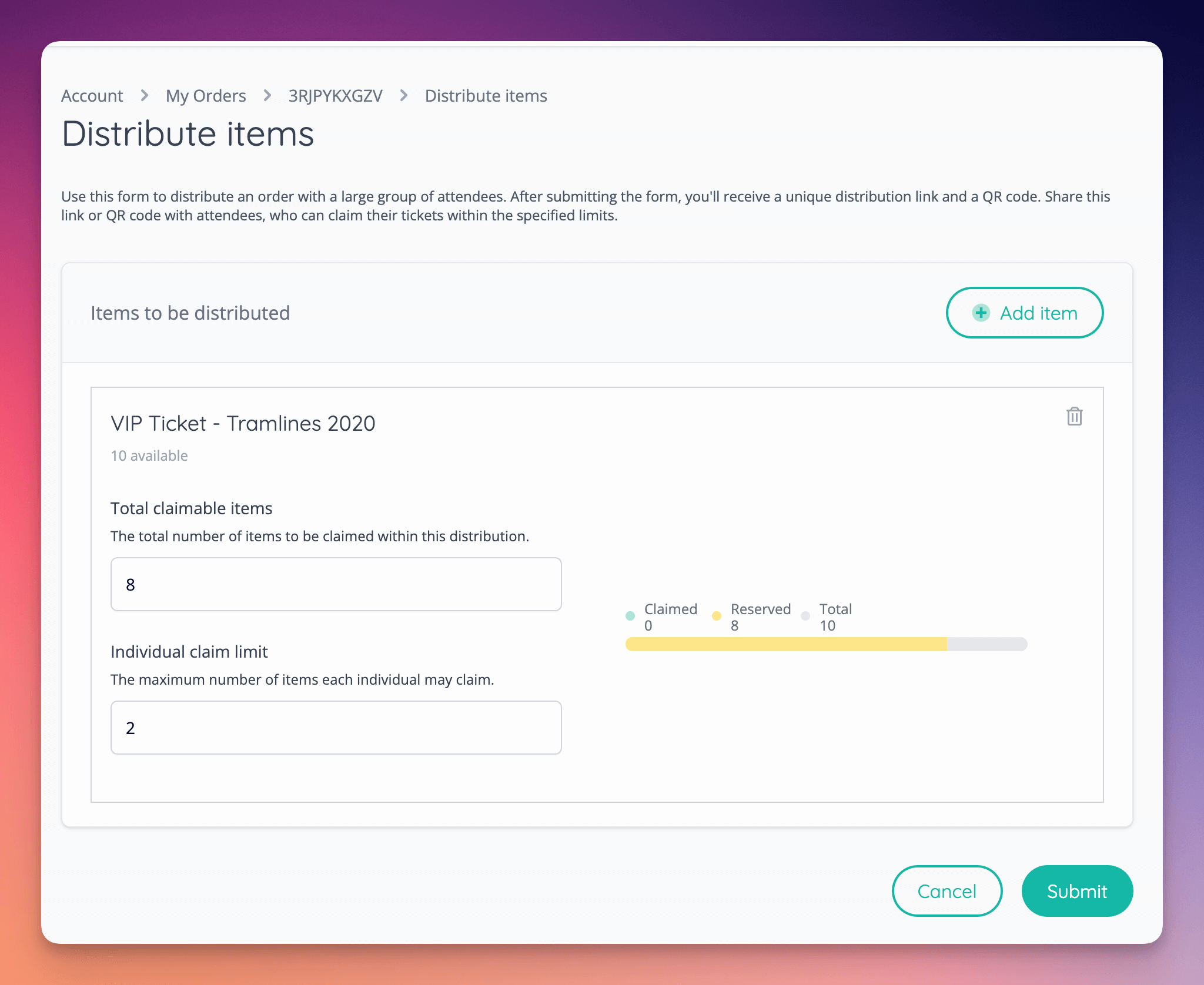 Creating an Order Distribution from a Customer Account is as easy as selecting the item, and setting the total and individual claim limits.