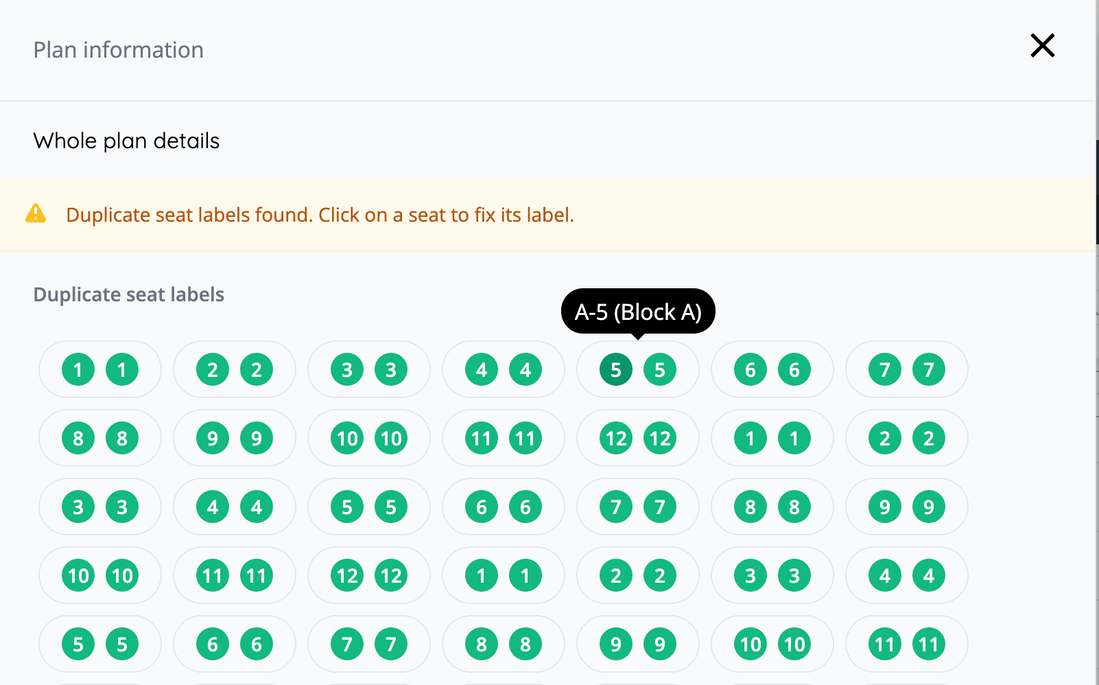 See all seats with matching labels to quickly fix your plan