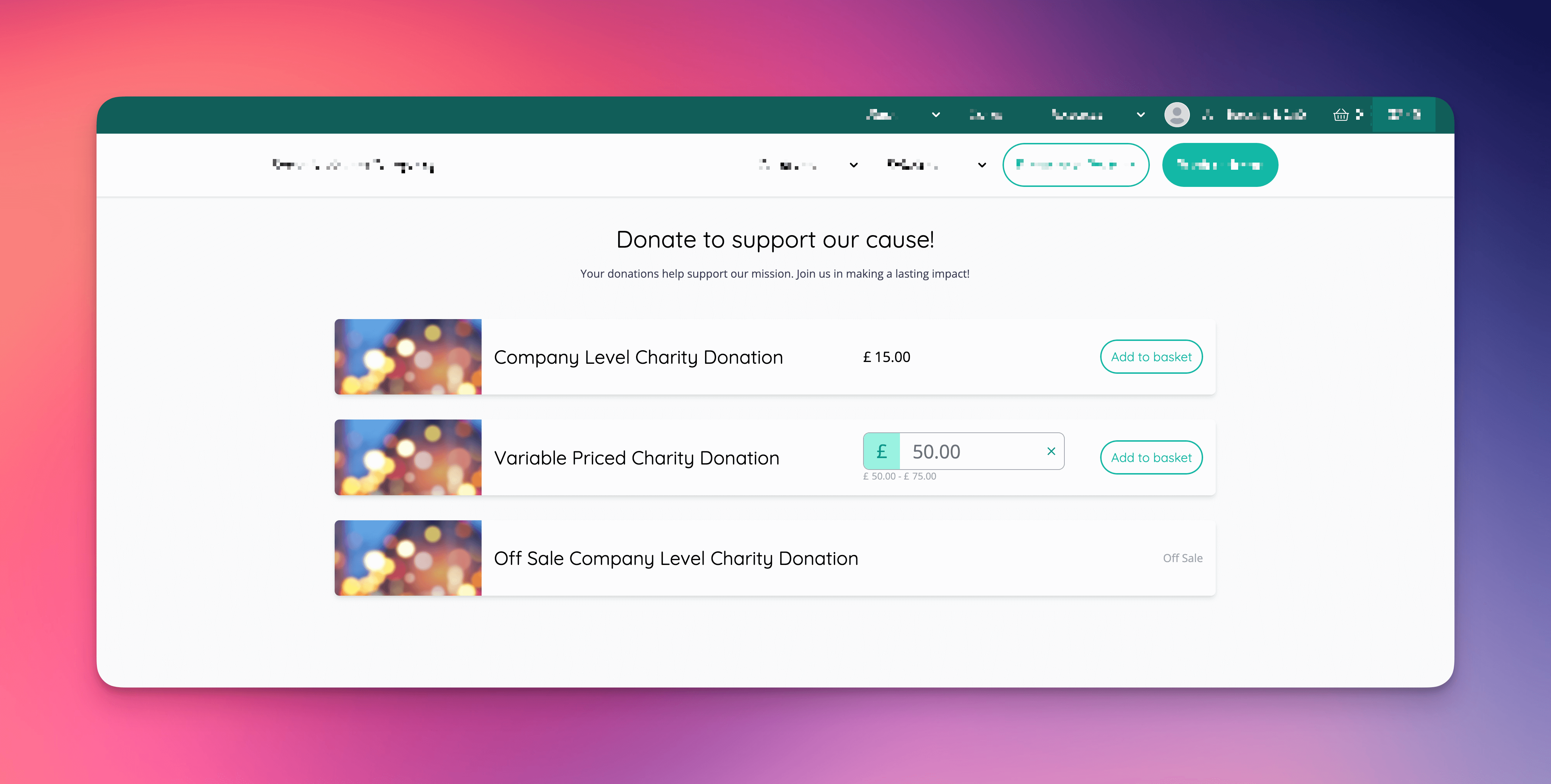 Charity donation browse page in Shop.