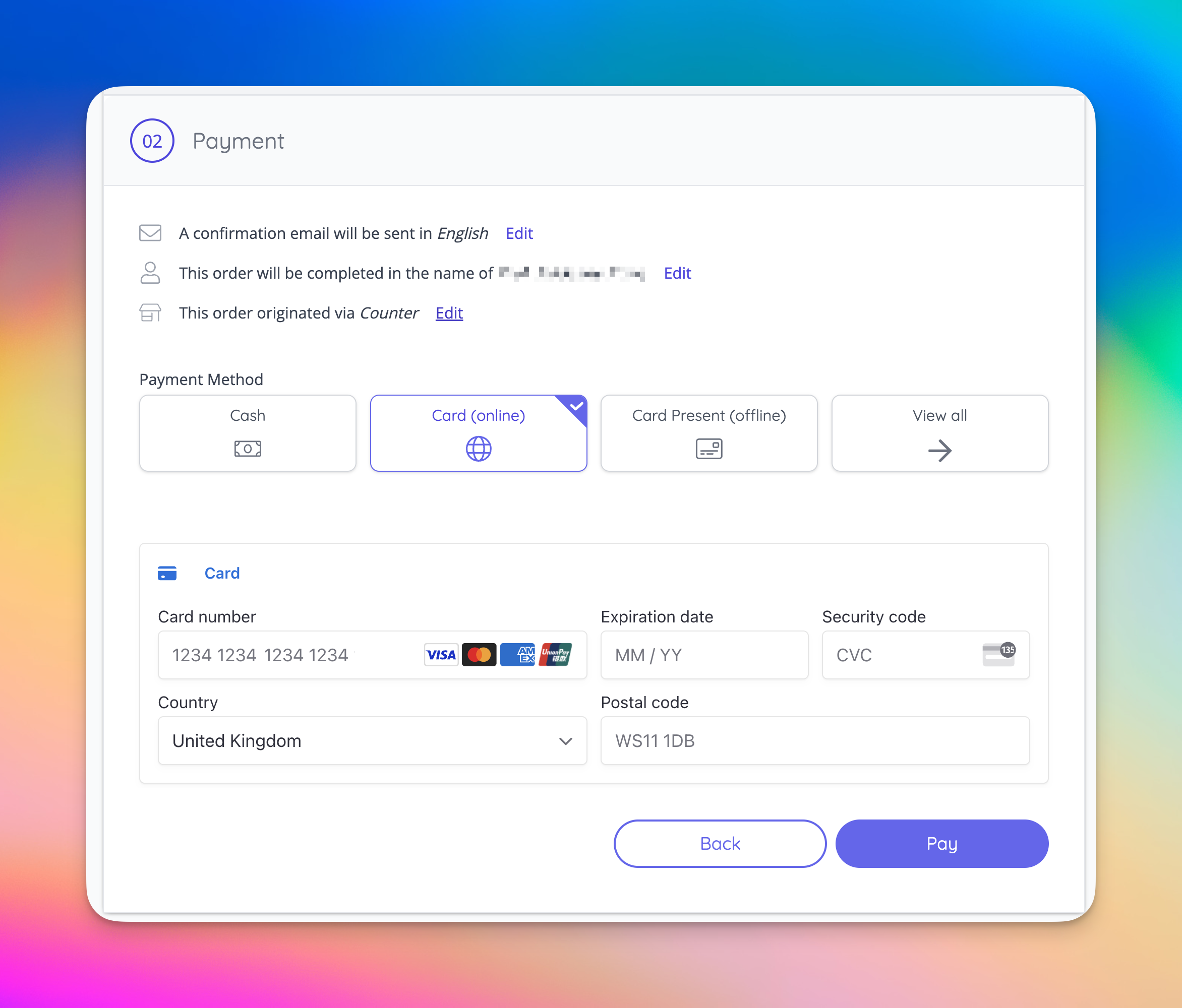Confirmation emails, order customer name and source, and payment methods all collapse by default.