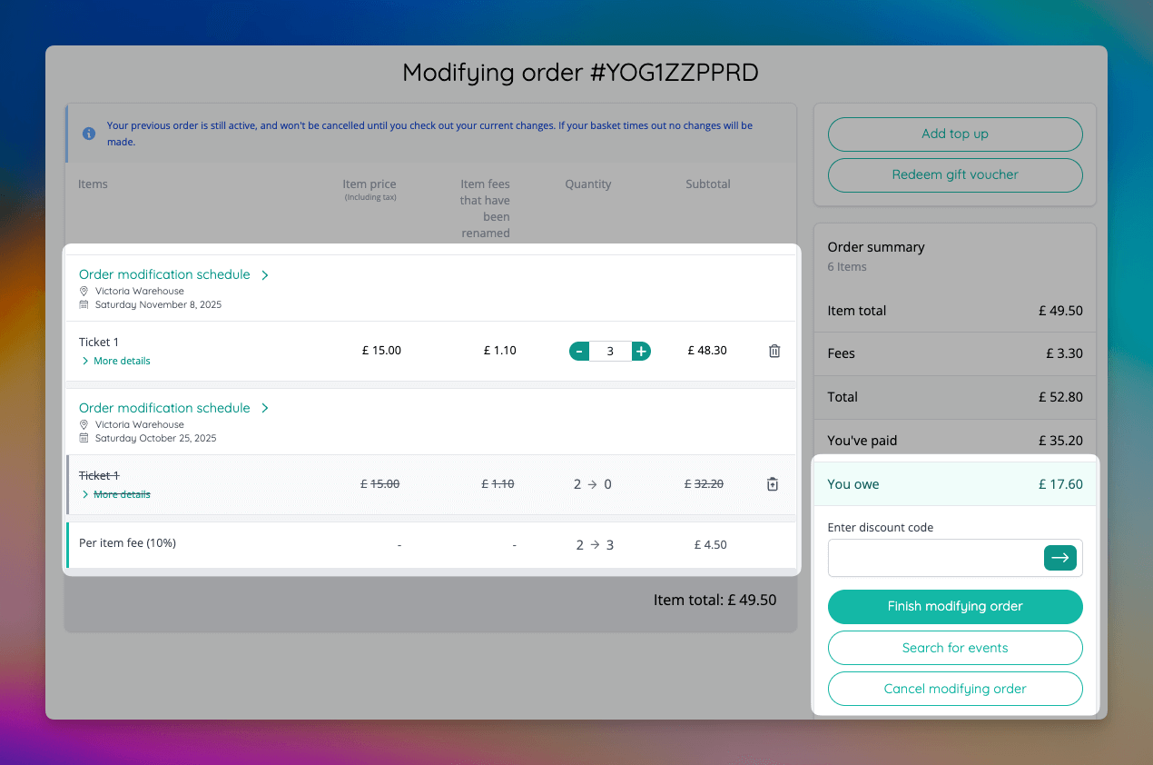 Modified order with deleted items