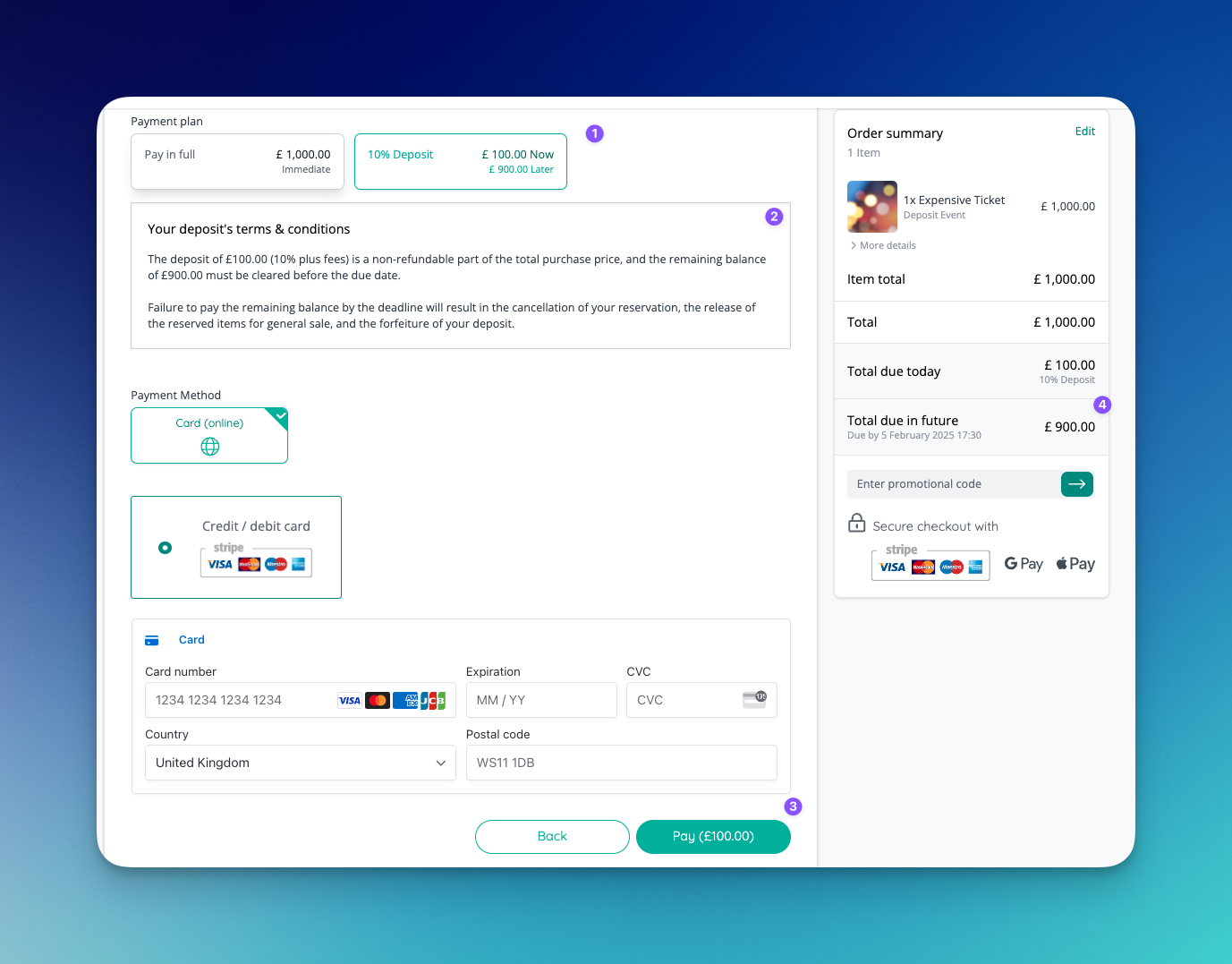 Ticket buyer perspective of paying down a deposit