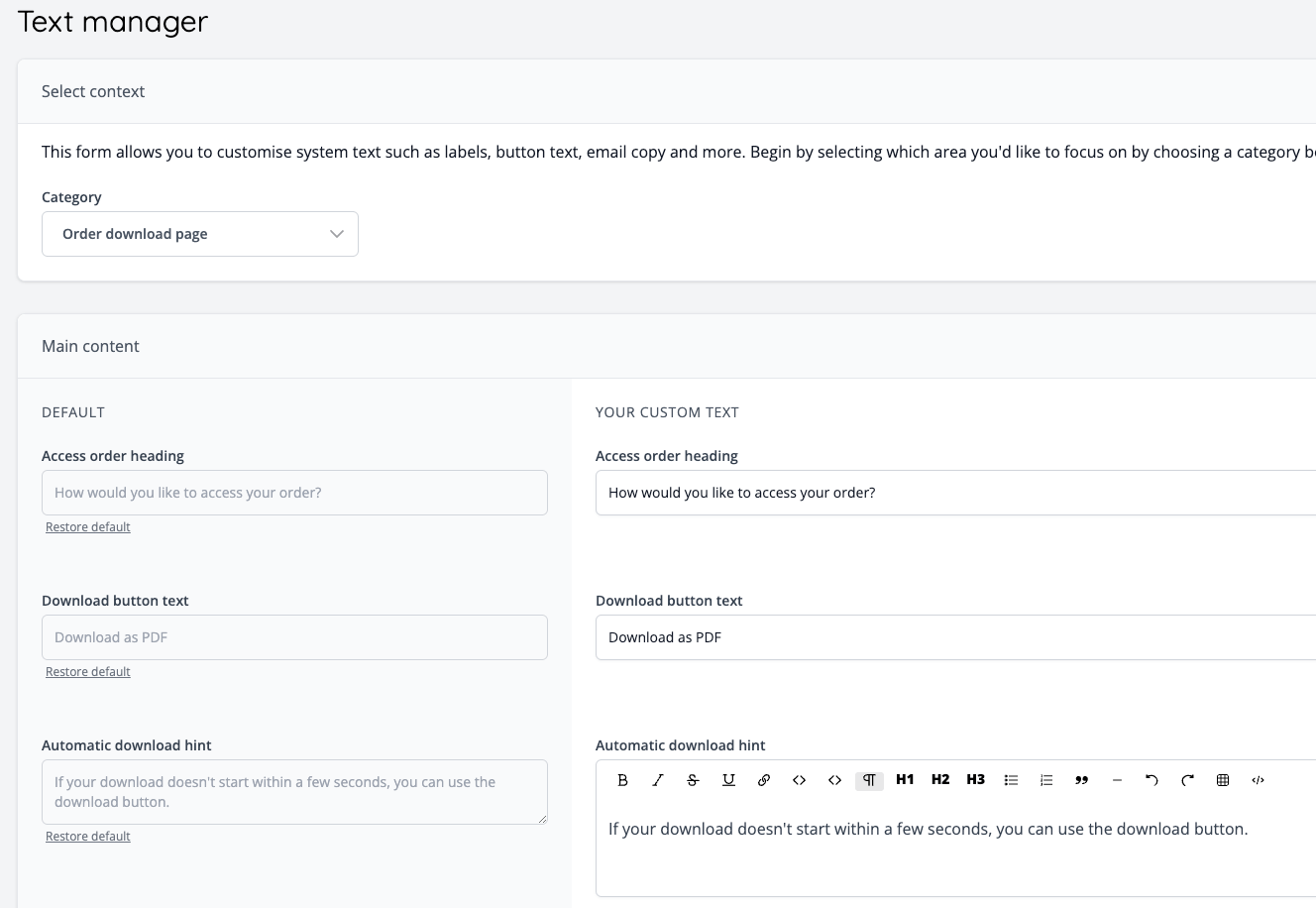 Customise the download page via Admin