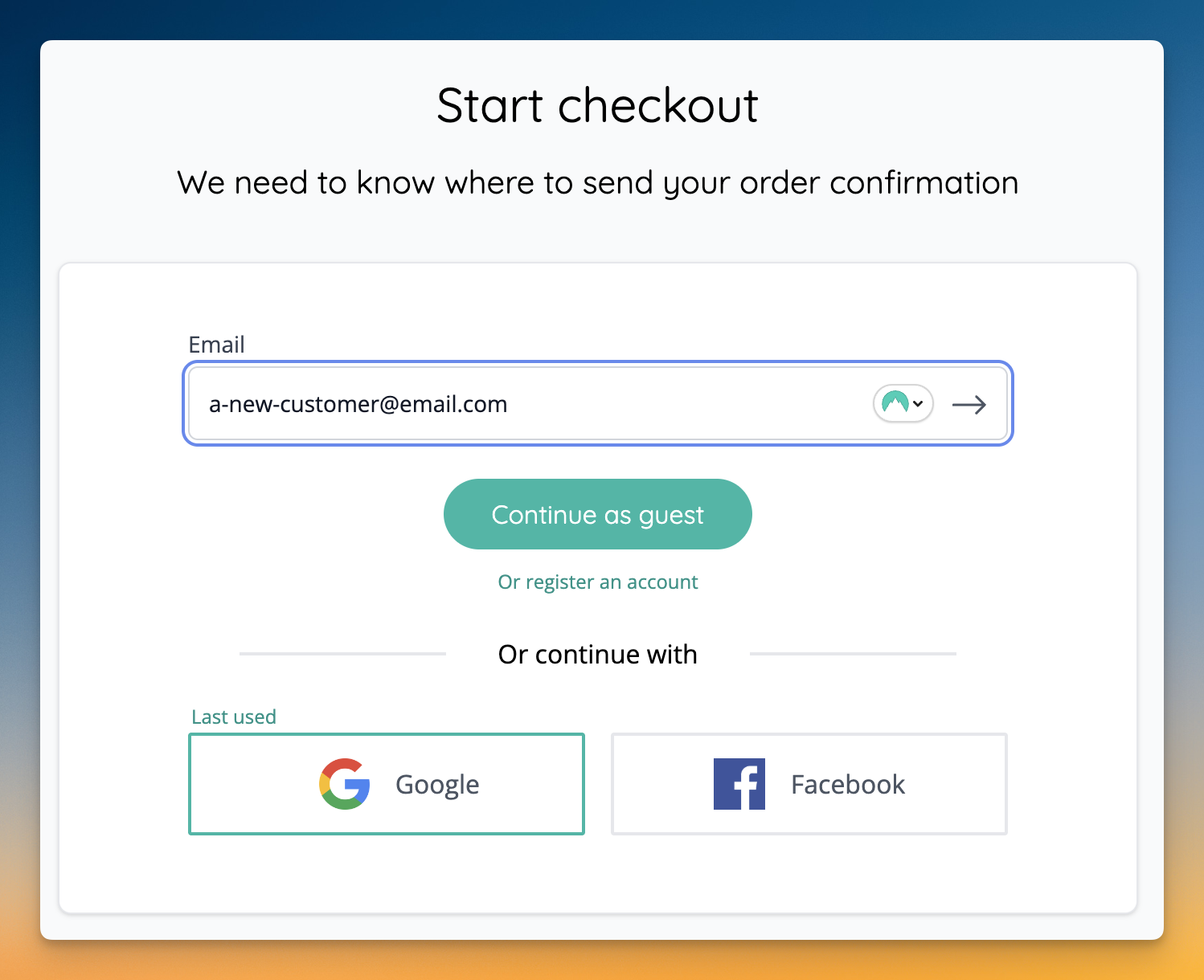 New customers are given the option to continue as guest, or register