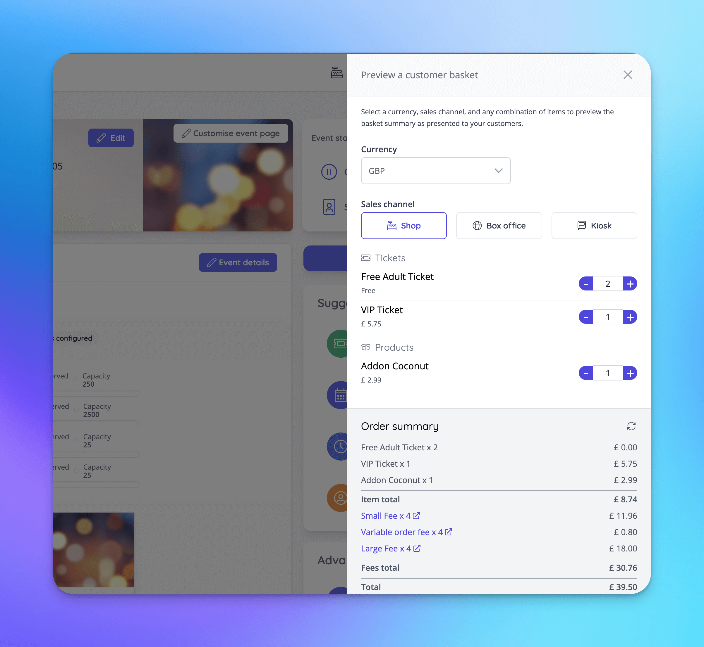 Any combination of items available at this event can be selected to preview the order summary including all item fees.