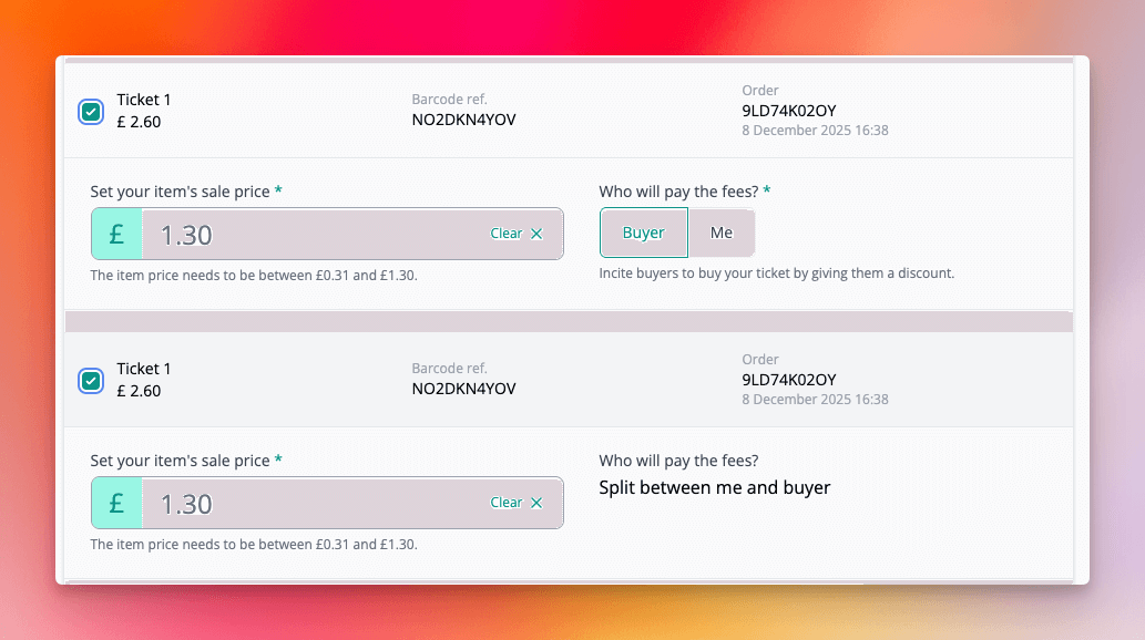 Customer can configure listing price and whether they would like to contribute to resale fees