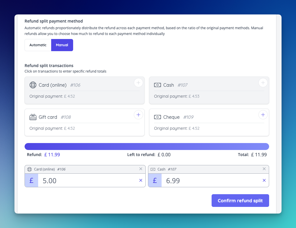 Refund splits can be set manually using any proportions set by the Admin user.