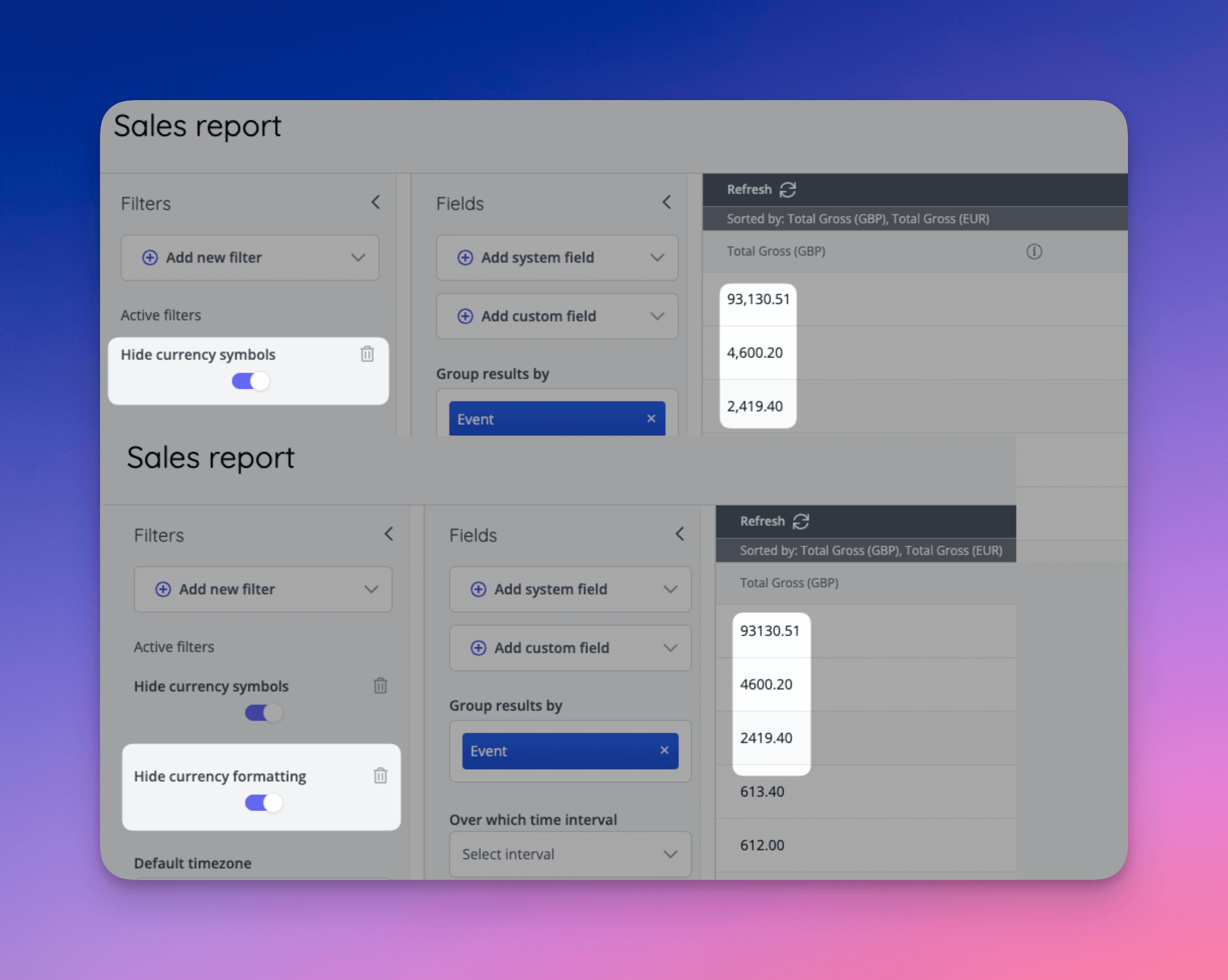 Hide currency report filters