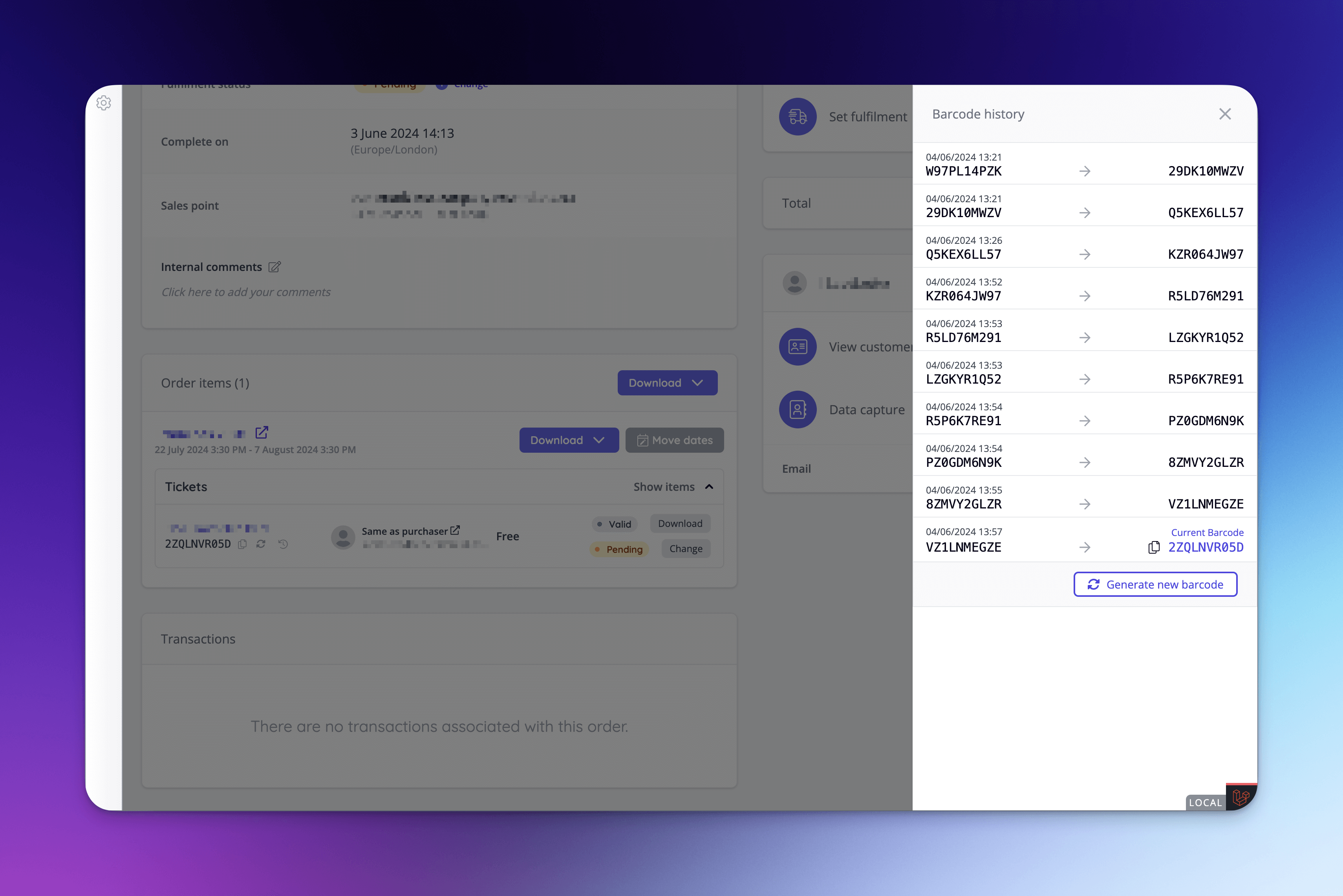 Barcode history panel shows the entire barcode history of an order item.