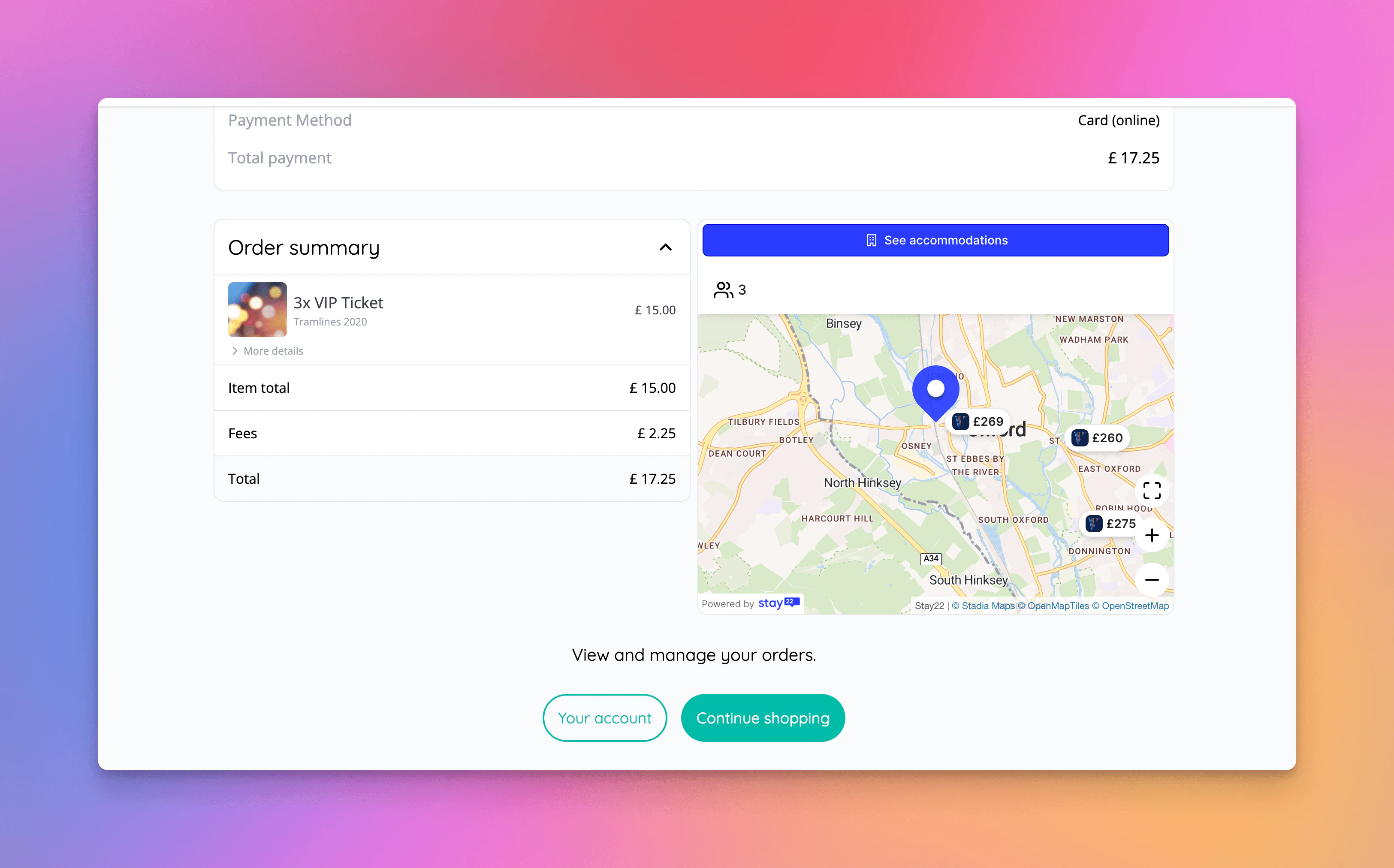 Customers now see a Stay22 hotel map on the order success page, alongside the order summary.