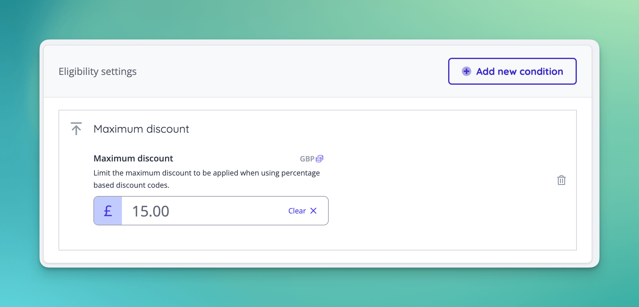 Maximum discount value can now be set as an eligibility setting.