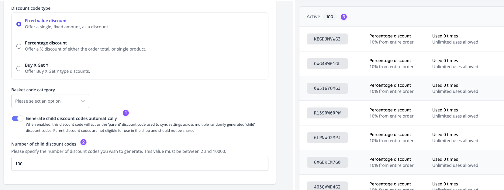 Mass discount code generation