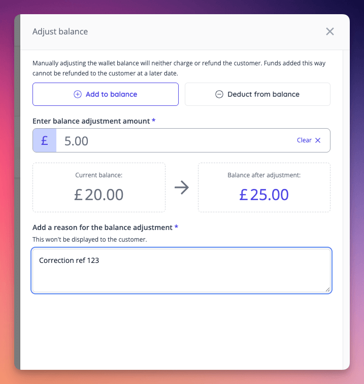 New panel added to issue manual wallet balance adjustments
