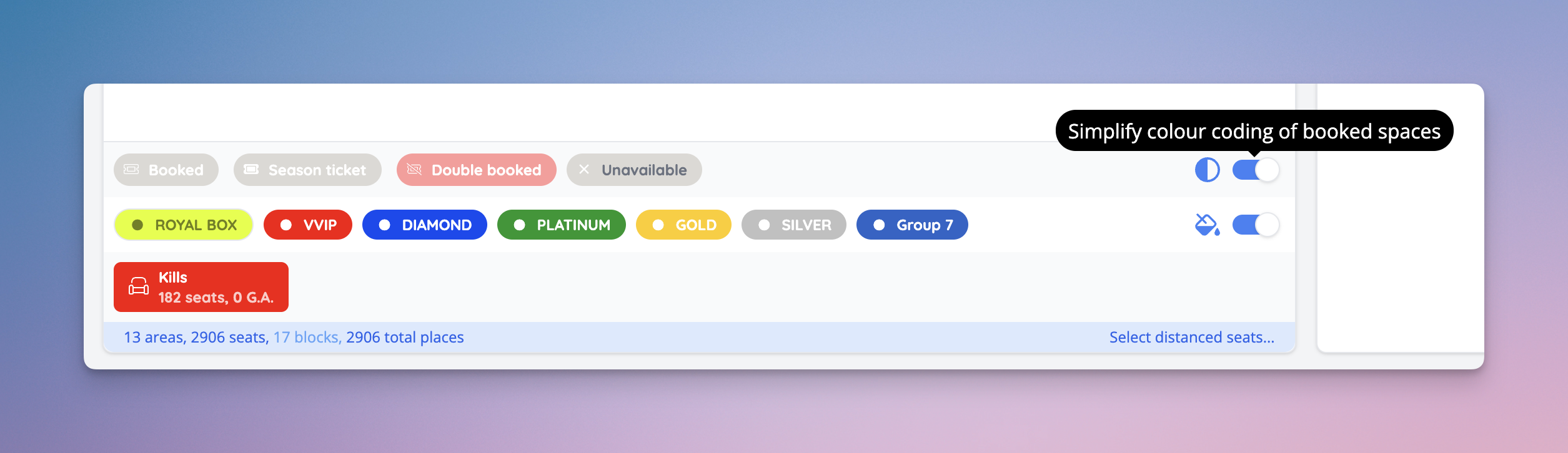 Simplify the colour coding of booked spaces to make viewing the seating plan easier.