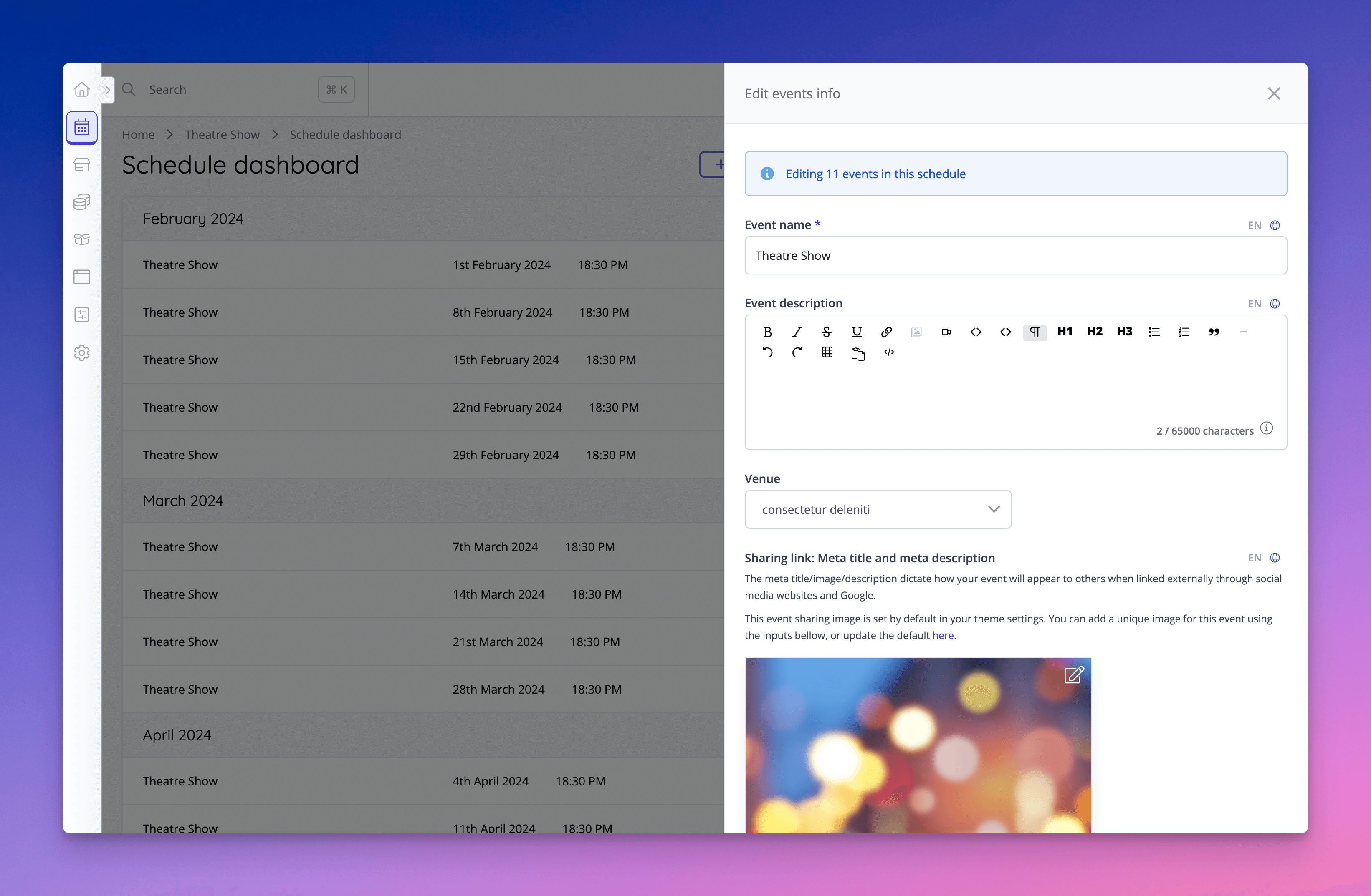 Edit event info panel allows basic information to be updated quickly.
