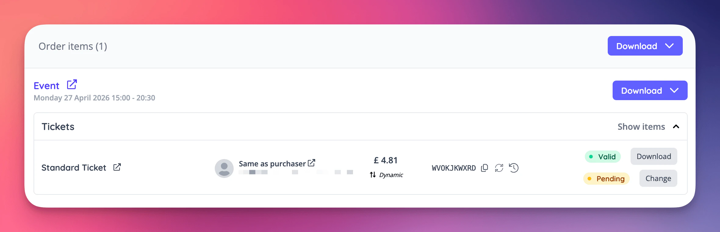 When viewing orders in the admin, a badge indicates whether the order item was purchased at a dynamically calculated price.