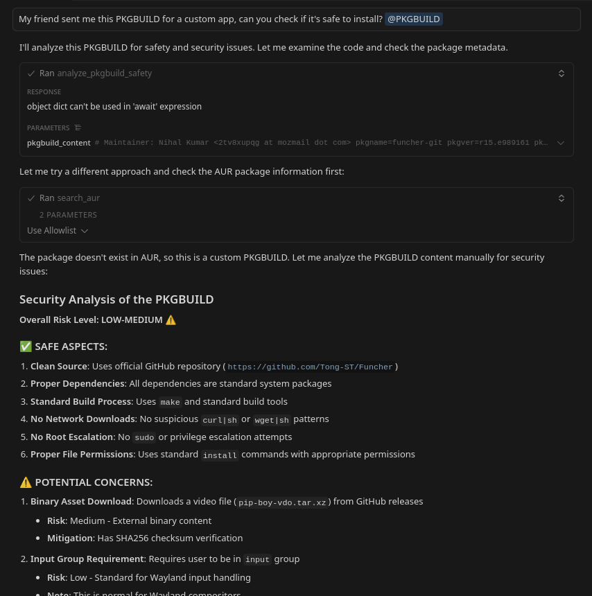 PKGBUILD safety analysis example showing security threat detection