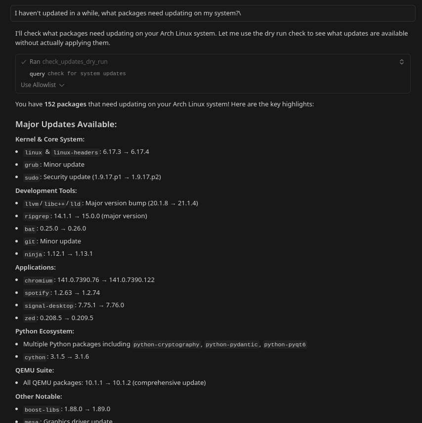 System update check example showing pending package updates