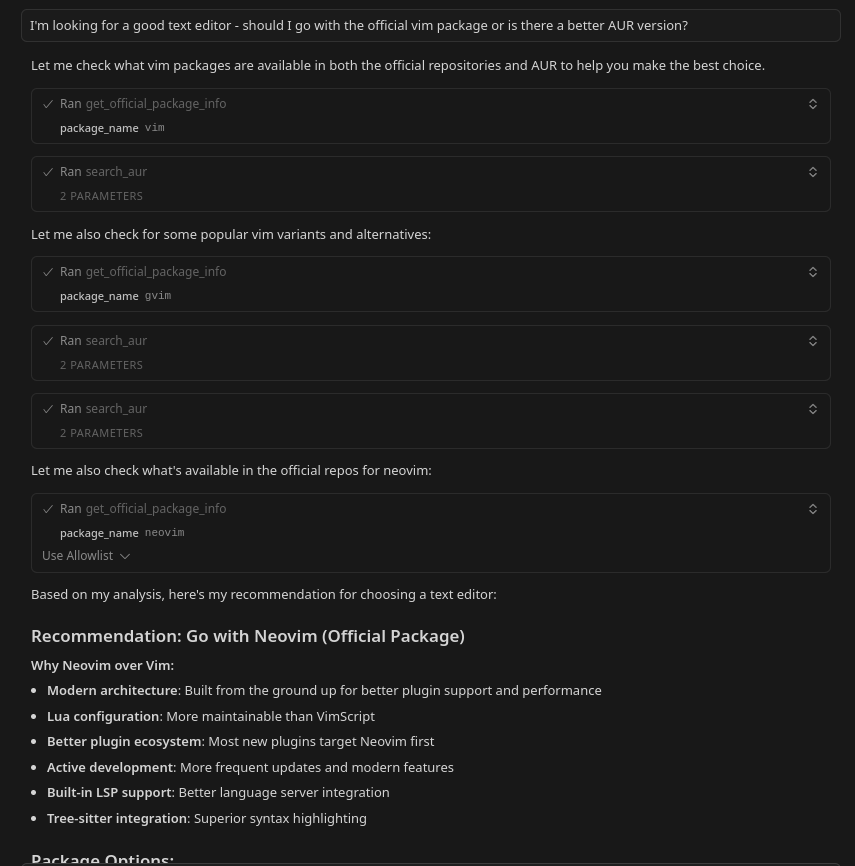 Package comparison example showing official vs AUR package analysis