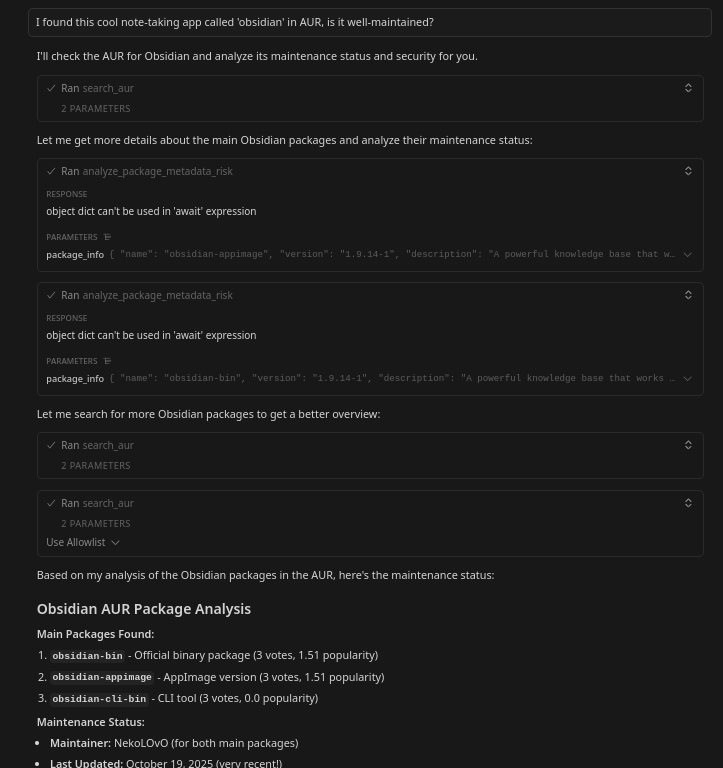 Obsidian AUR package analysis example showing metadata evaluation