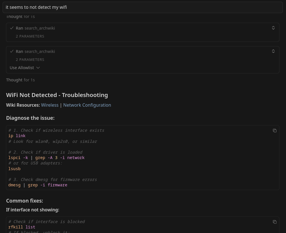 Arch MCP Server in action showing AI-powered Arch Linux assistance