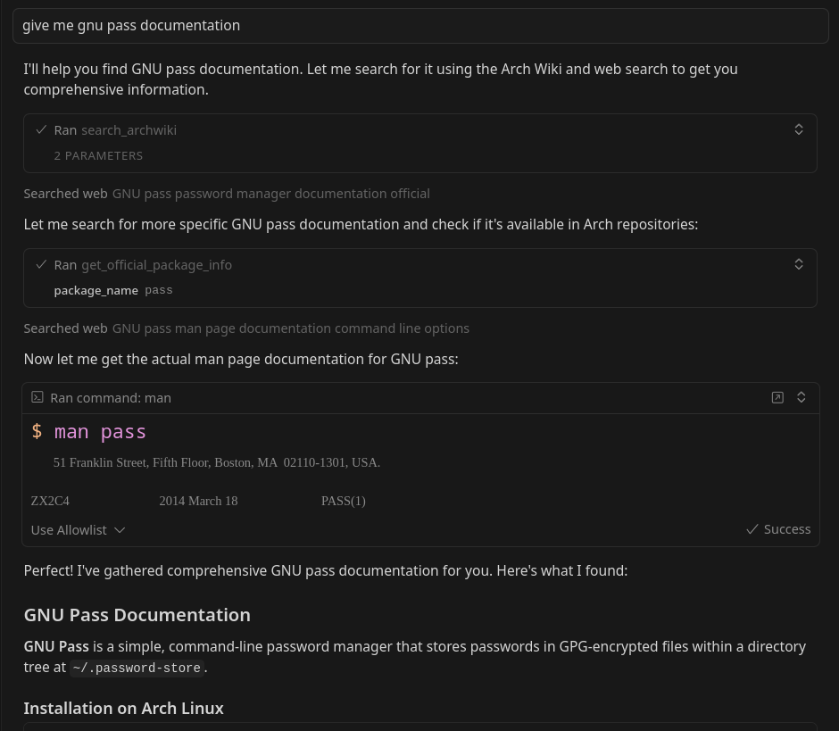 Arch Wiki documentation reading example showing comprehensive search workflow