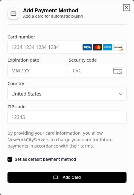 Add Payment Method form with secure card fields