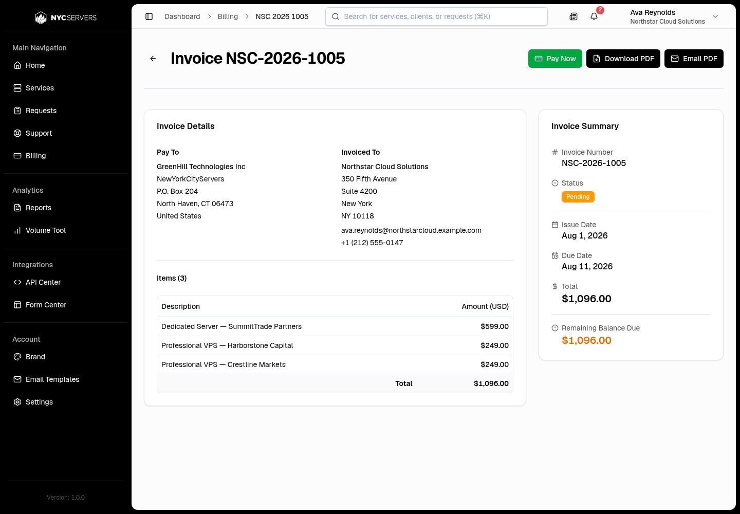 Invoice detail page with line items, totals, and payment history