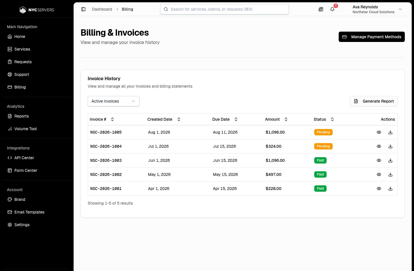 Invoice History table with paid and pending invoices