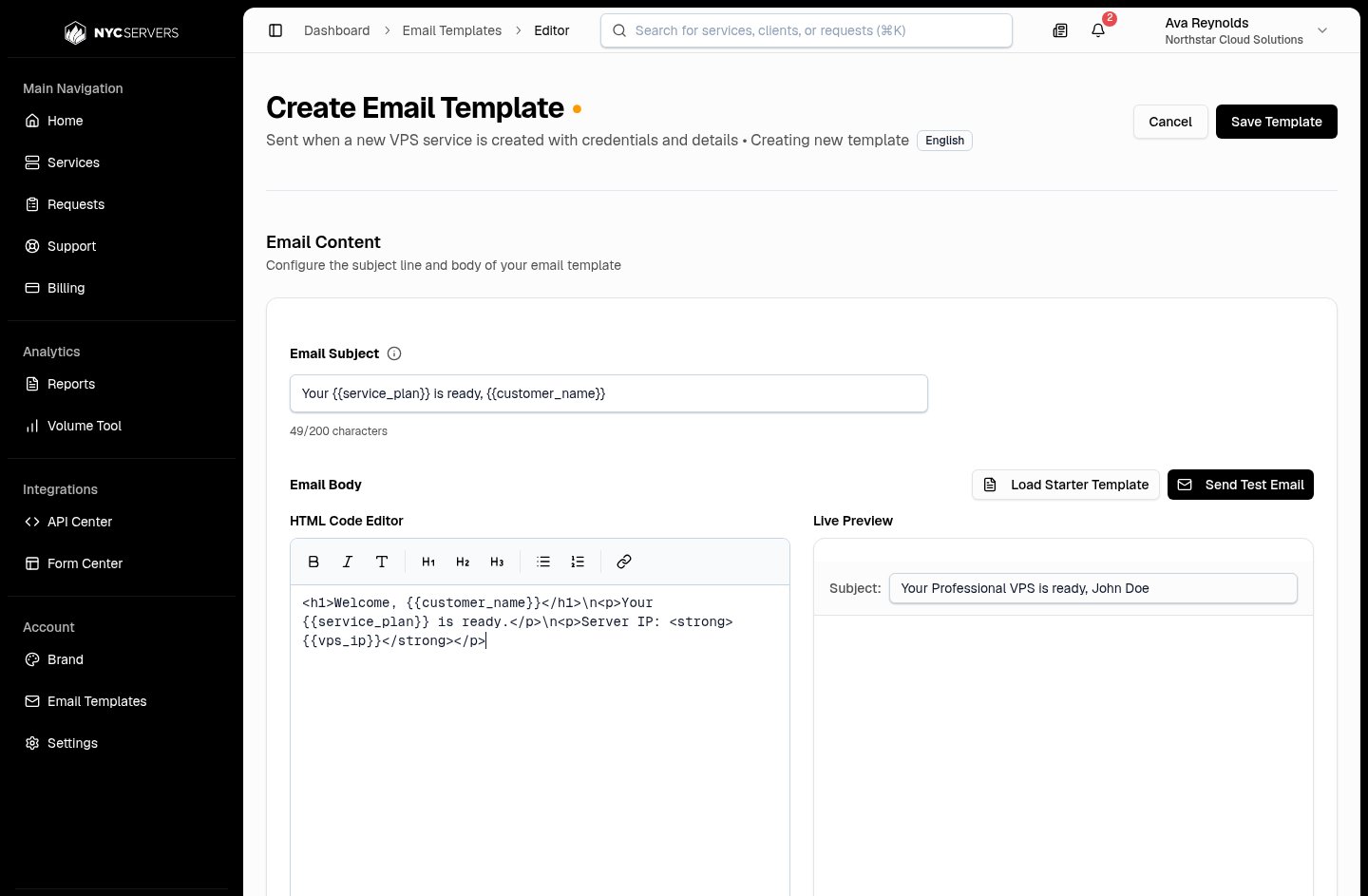 Email template editor with variables in the subject and HTML body