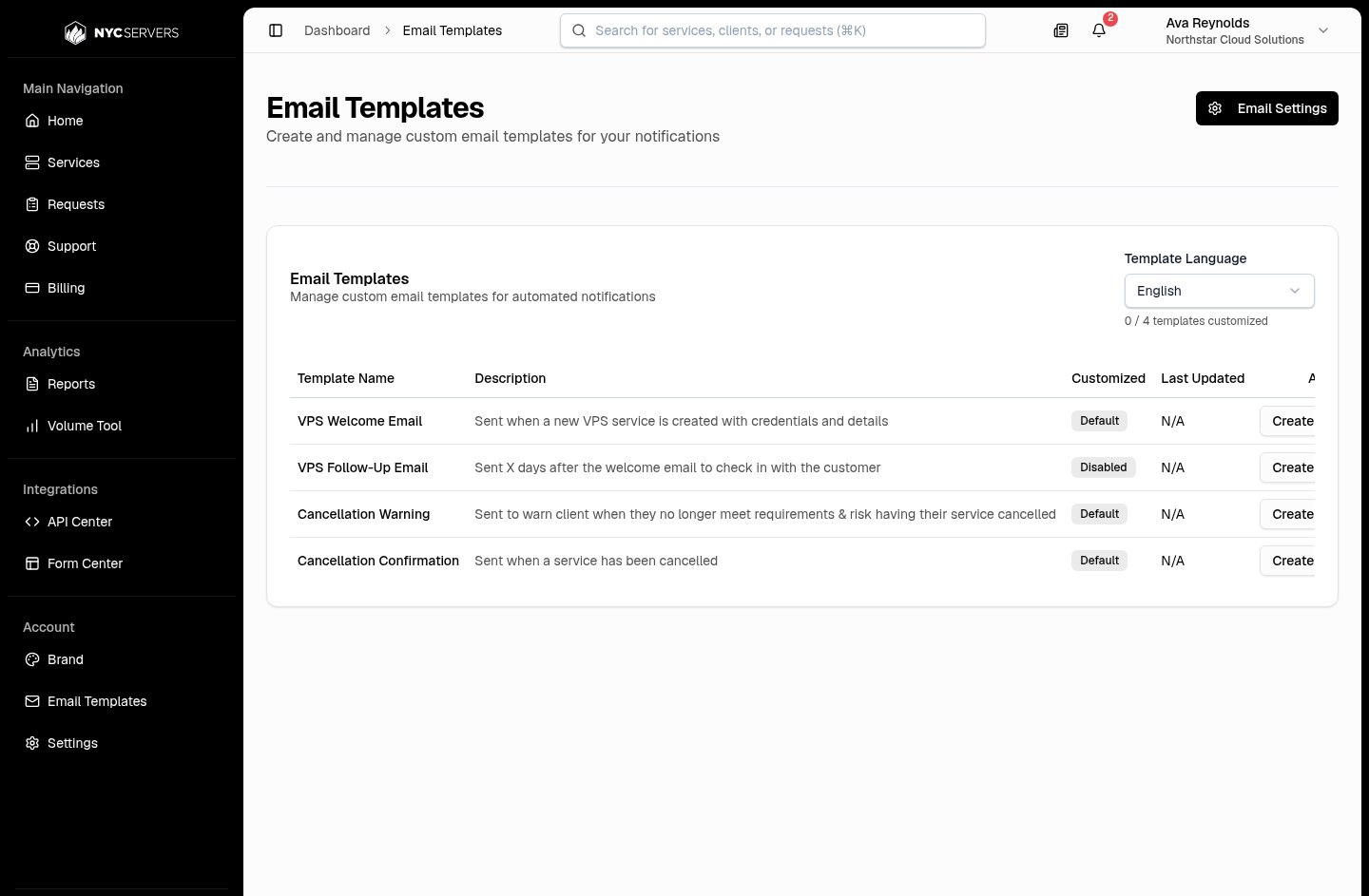 Email Templates list with four client-facing template types