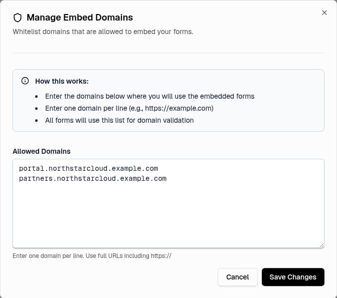 Manage Embed Domains dialog with allowed domain entries