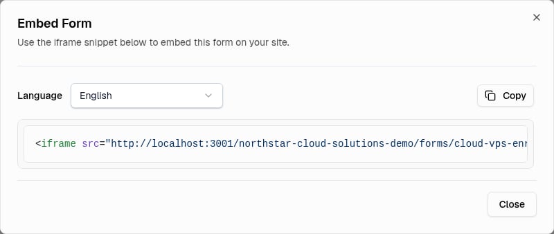 Form sharing dialog with an iframe embed snippet