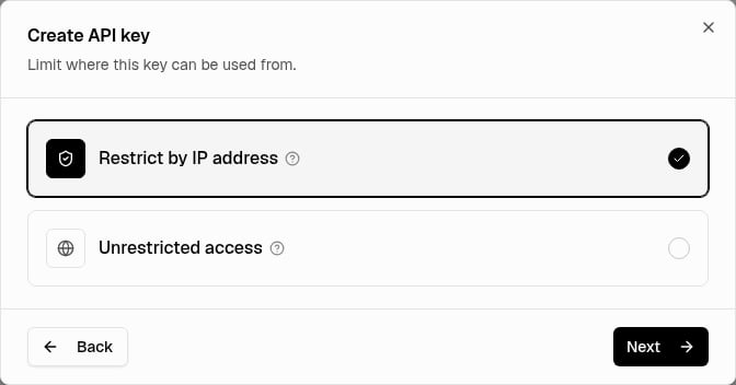 Create API key dialog at the IP restriction step