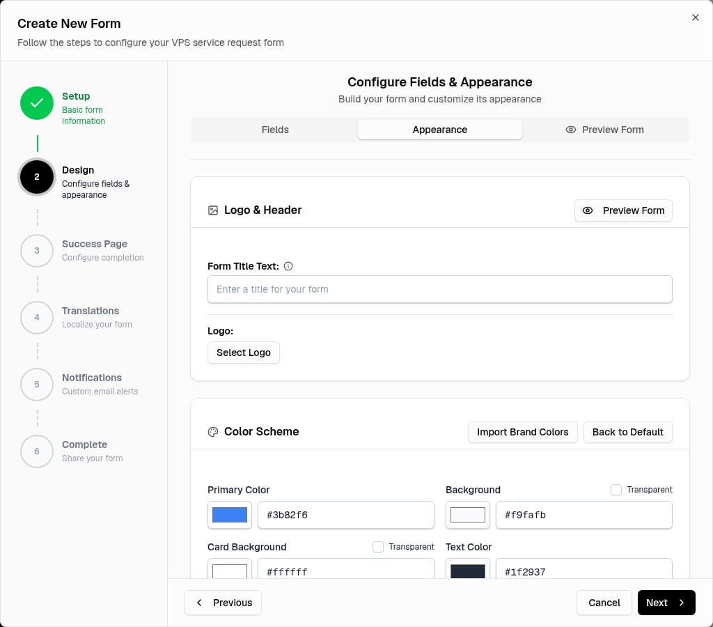 Form builder Appearance step with color and layout controls
