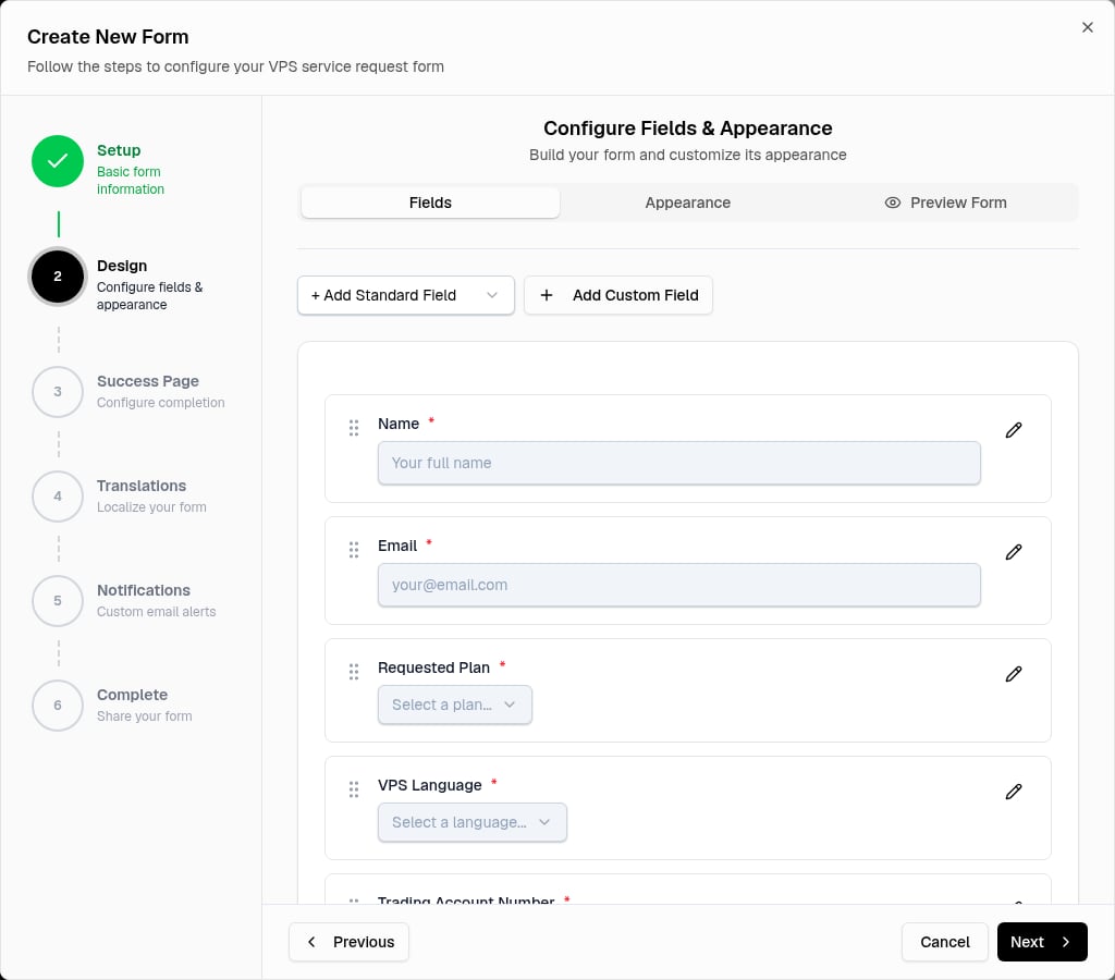Form builder Fields step with standard field controls