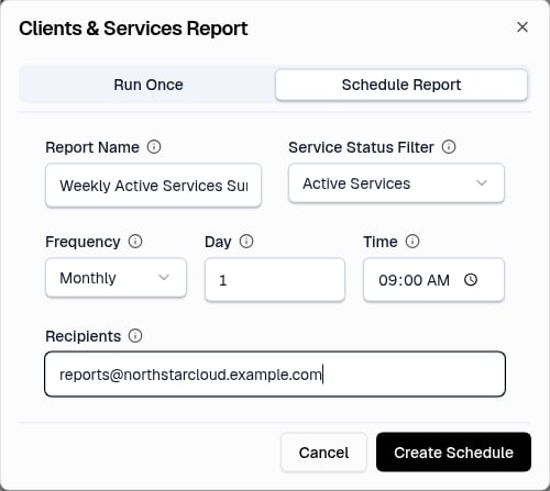 Scheduled report form with recurrence and recipient settings