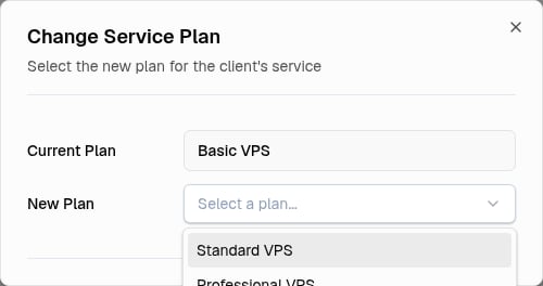 Change Service Plan dialog with the plan selector expanded