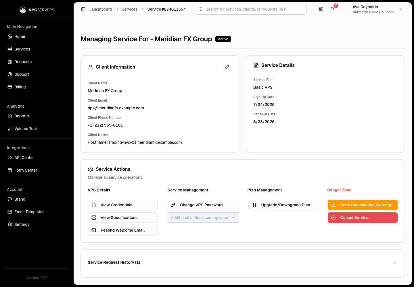 Service detail page with status, client information, and service details